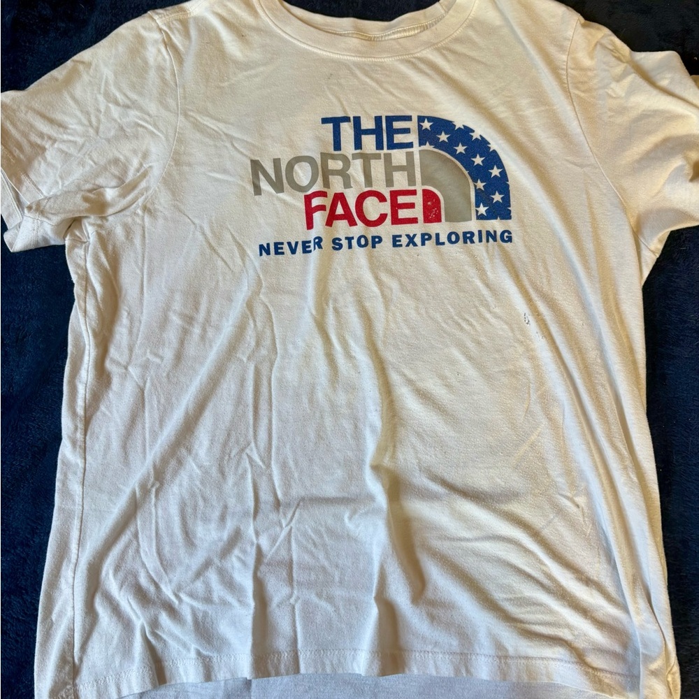 The North Face White Tee with Blue and Red Graphic